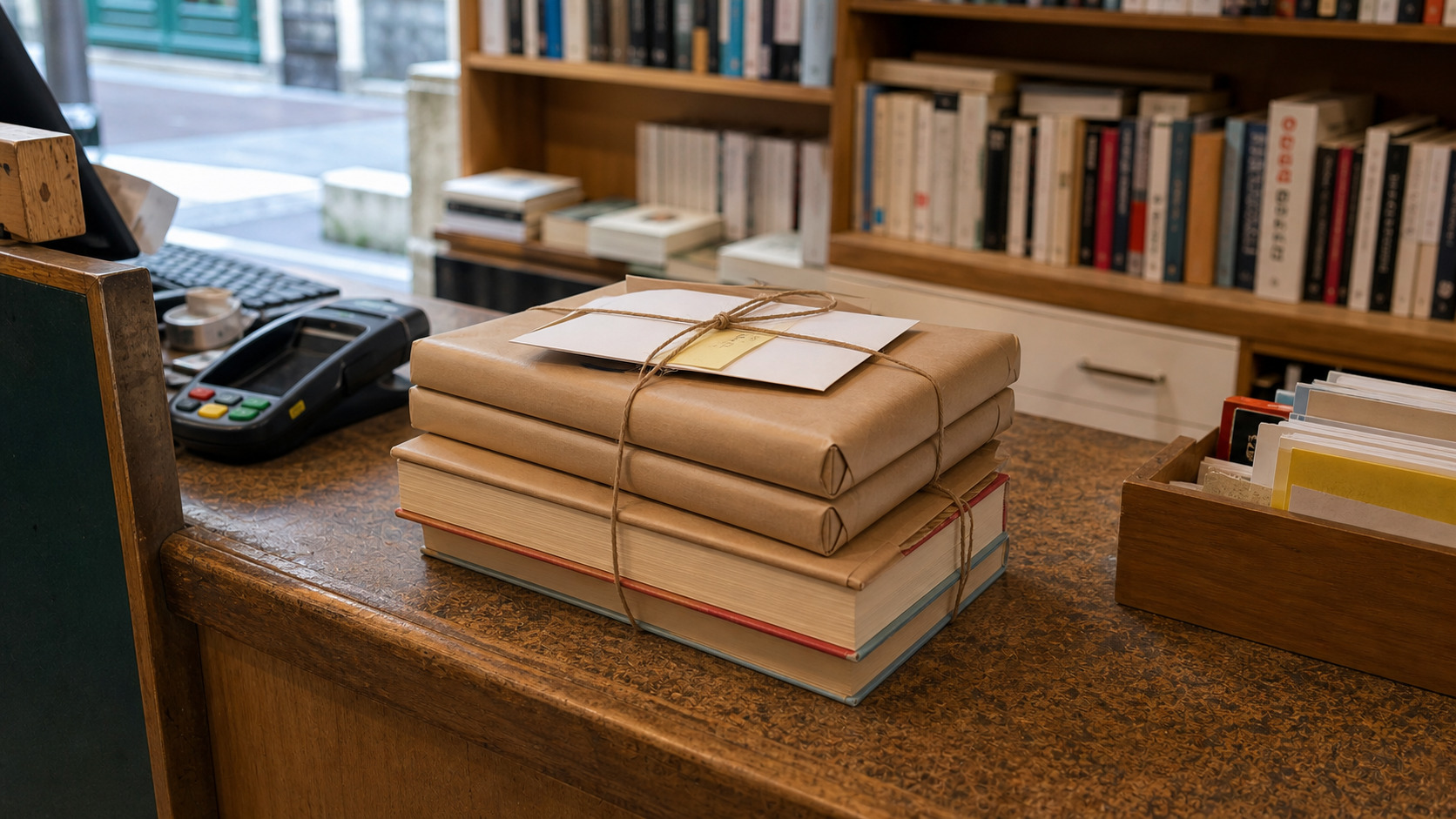 Comptoir de librairie avec commande mise de côté pour retrait
