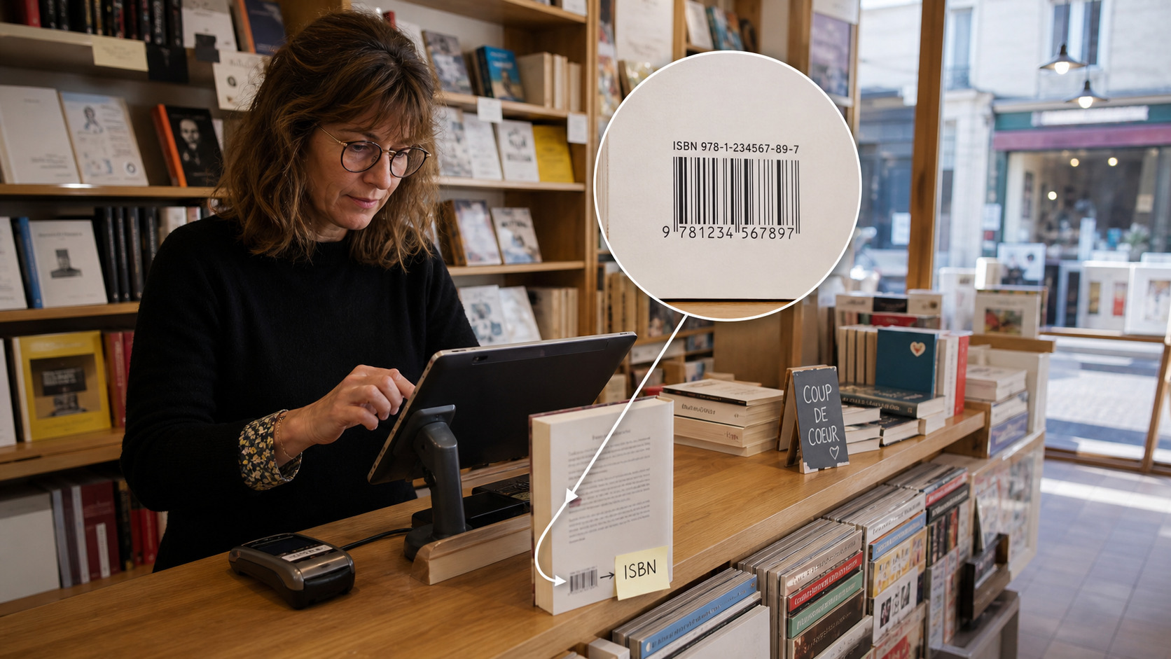 Libraire vérifiant la disponibilité d'un livre avec son ISBN