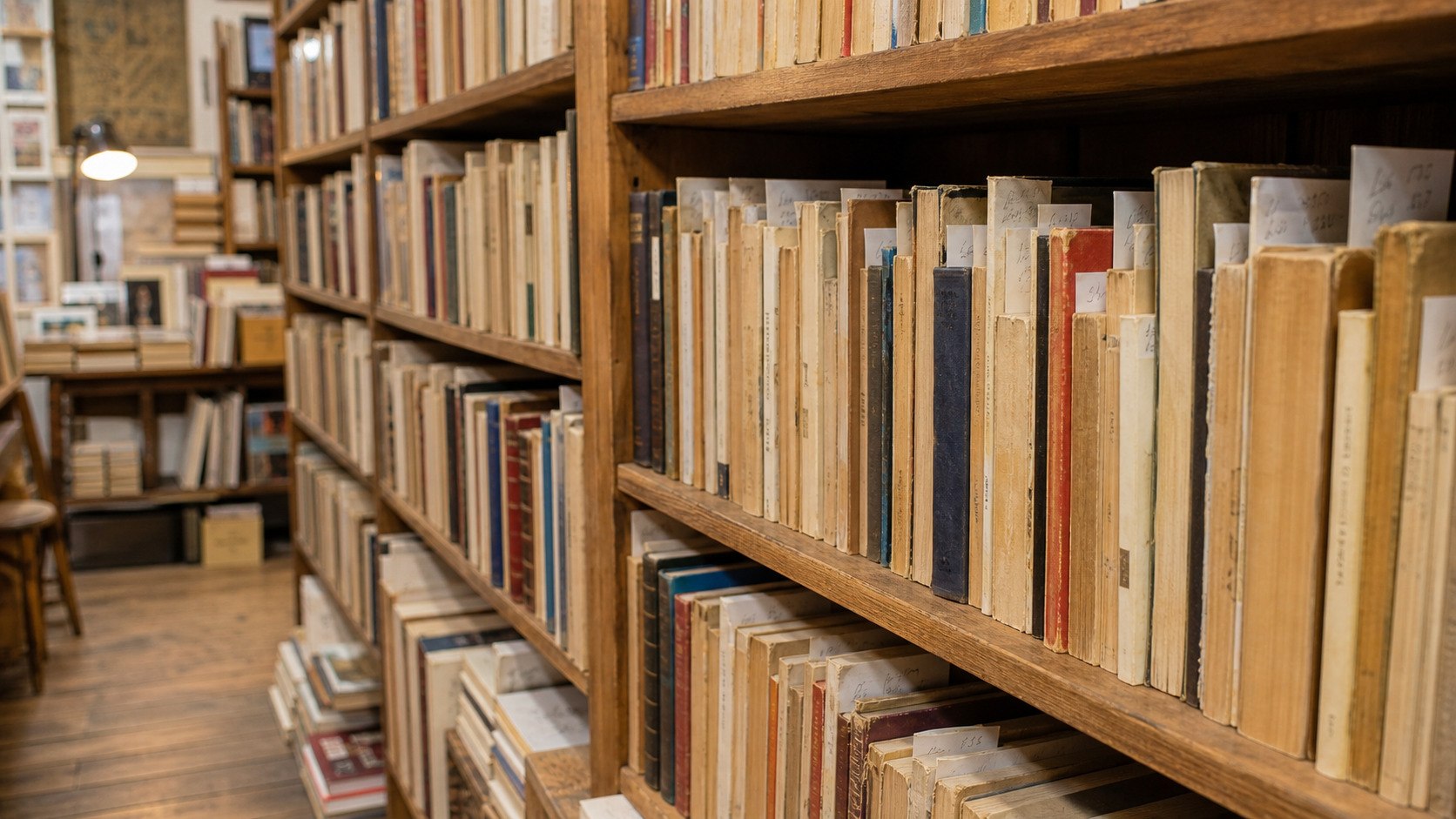 Rayon de livres d'occasion avec tranches marquées et prix au crayon