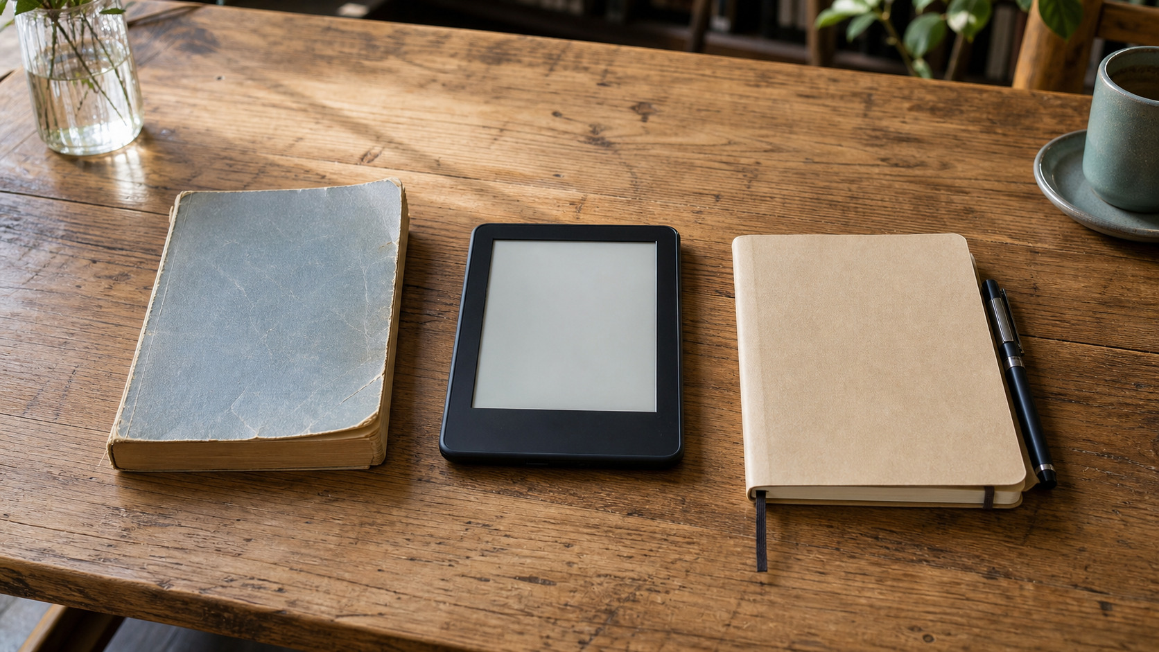 Livre d'occasion, liseuse et carnet de notes comparés sur une table