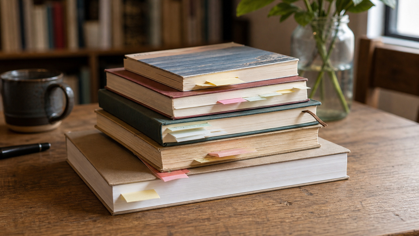 Pile de livres papier annotés avec marque-page et couverture visible