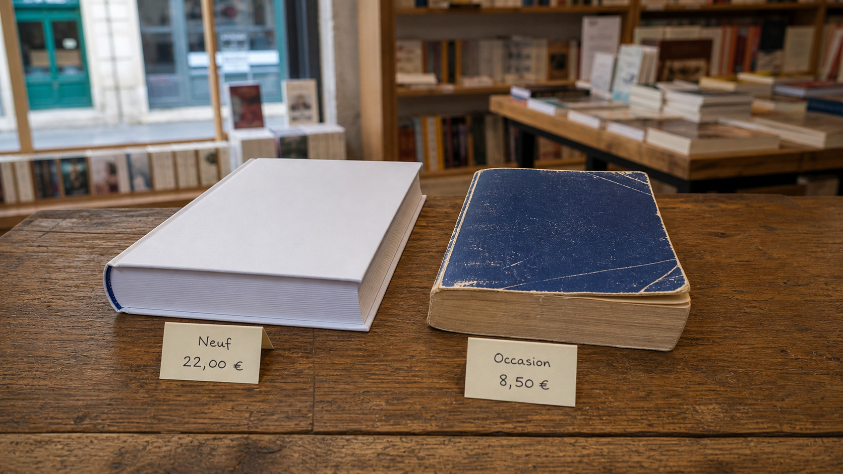 Livre neuf et livre d'occasion avec deux étiquettes de prix distinctes